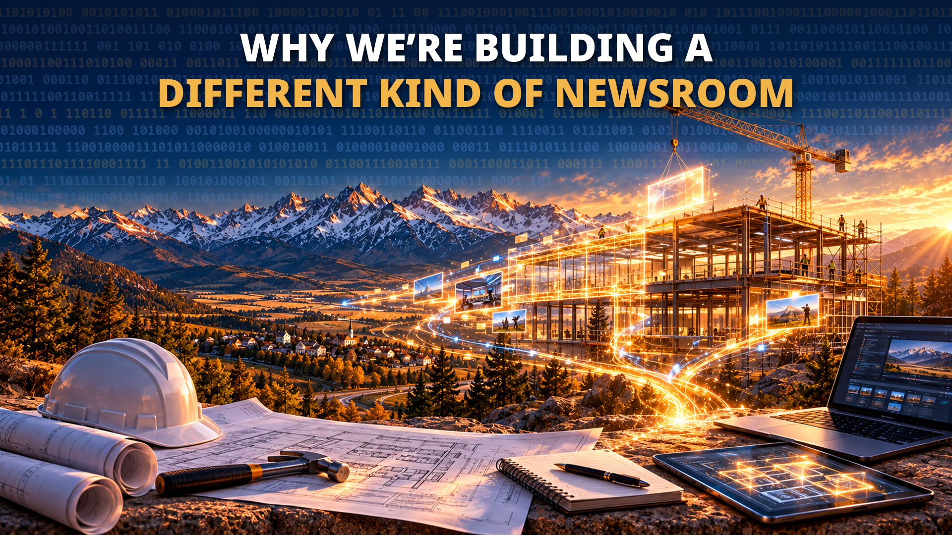A graphic showing mountains and technology coming together to create news